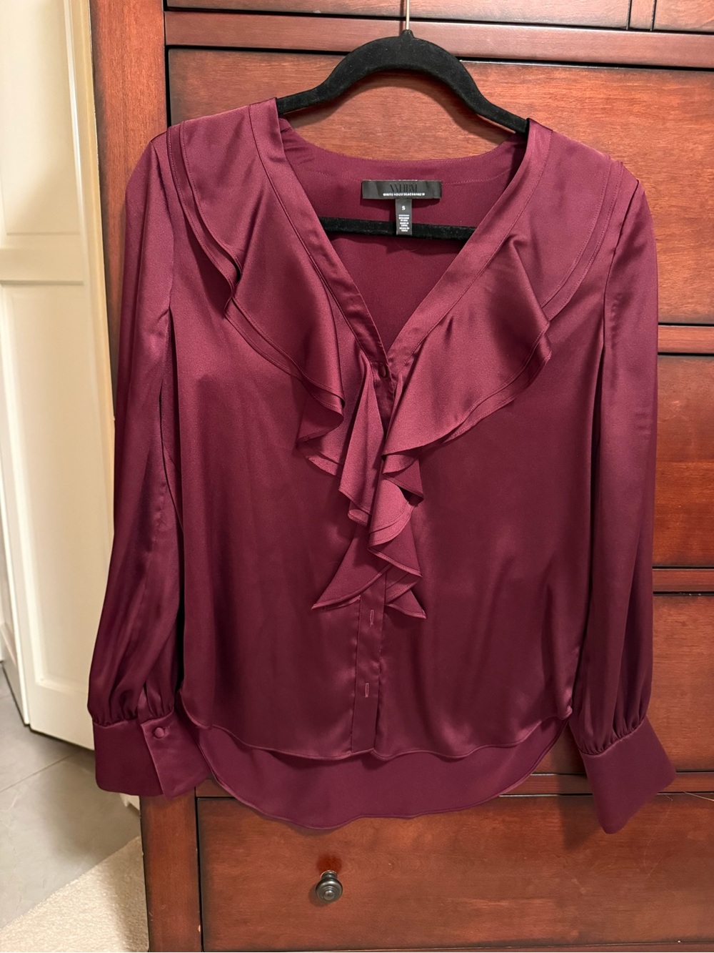 White House Black Market Burgundy Ruffle V-Neck Blouse